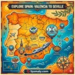An epic infographic map comparing travel from Valencia to Seville by train, flight, and bus. Created by Spanaly.