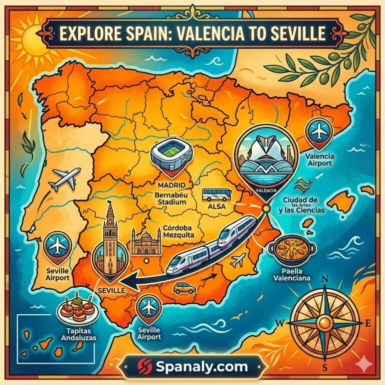 An epic infographic map comparing travel from Valencia to Seville by train, flight, and bus. Created by Spanaly.