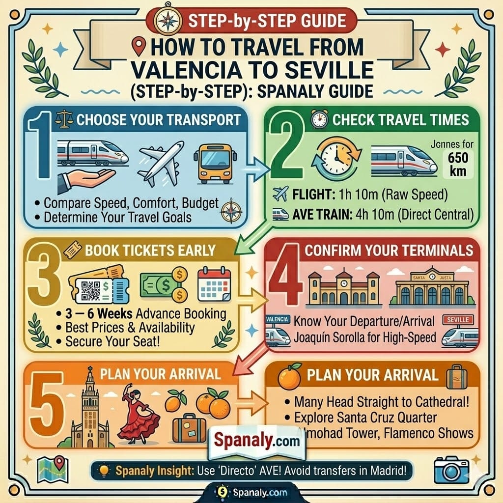 A simplified square infographic from Spanaly.com detailing a step-by-step guide from Valencia to Seville. It has 5 clear, numbered sections for Choose, Check Times, Book Early, Confirm Terminals, and Plan Arrival. Includes a specific tip to use direct AVE trains and the Spanaly.com logo. The vector style is colorful and easy to read.