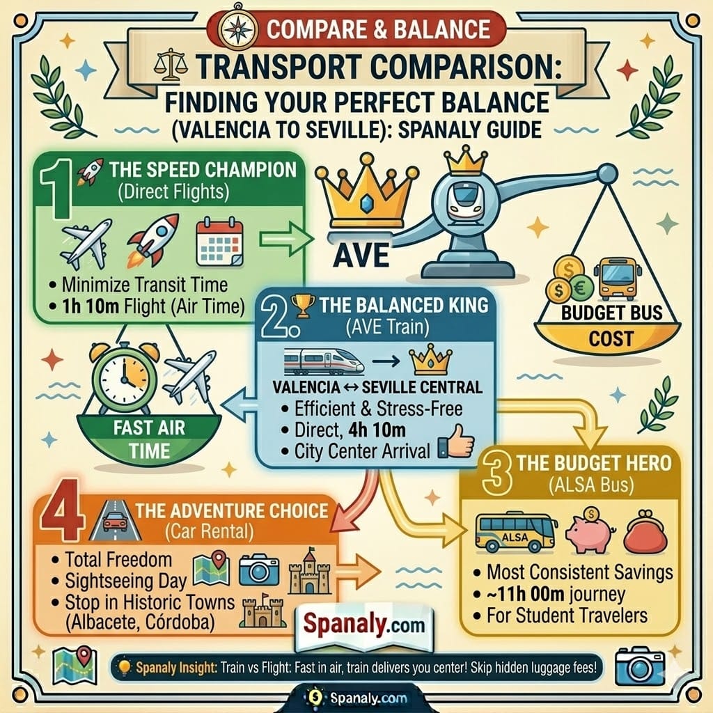A simplified square infographic from Spanaly.com comparing 4 travel options from Valencia to Seville: AVE train, direct flight, ALSA bus, and car rental. It uses a decision matrix to rate speed, cost, comfort, and flexibility for city center to city center comparison. includes gold, silver, and bronze medals for top categories and the Spanaly.com logo. The vector style is colorful and easy to read.