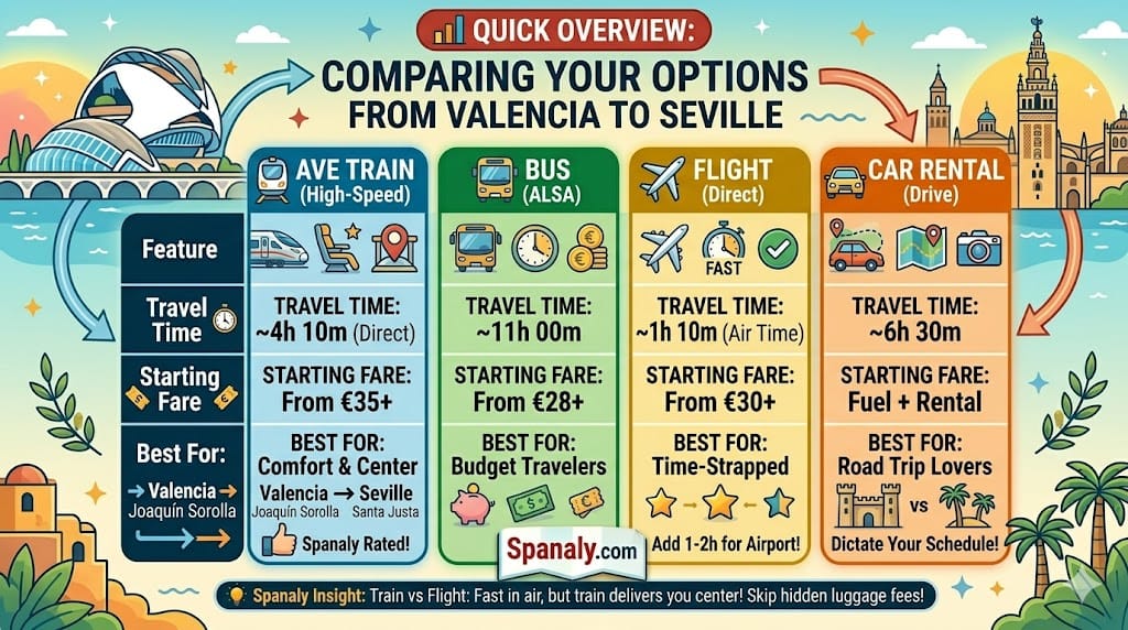A simplified square infographic from Spanaly.com comparing travel options from Valencia to Seville. It features a decision matrix for different priorities like speed, cost, and comfort. with ratings for AVE high-speed train, ALSA bus, direct flight, and car rental. It has clean icons and text for travel time, starting fare, and best for, along with a Spain map with city center-to-city center comparison. Includes the Spanaly.com logo.