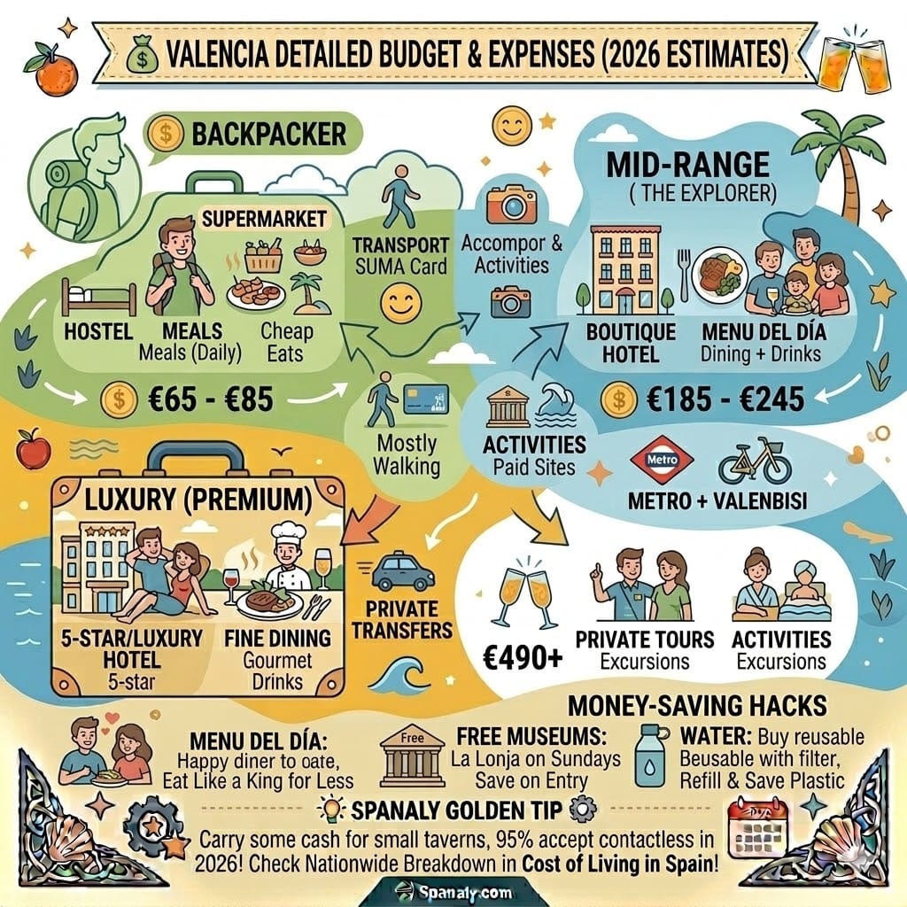 A dynamic winding-path infographic showing Valencia travel expenses for 2026. Three levels: Backpacker (€65-€85), Mid-Range (€185-€245), and Luxury (€490+). Clear icons for accommodation, meals, and transport on a clean flowing design.
