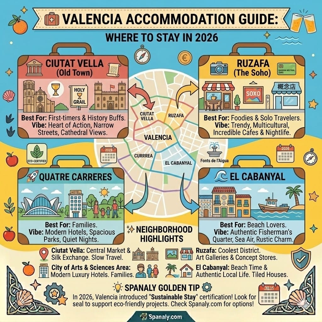 An infographic map of Valencia split into four colored panels recommending where to stay in 2026. Categories include Ciutat Vella for history, Ruzafa for foodies, Quatre Carreres for families, and El Cabanyal for beach lovers, each with icons and vibe descriptions.