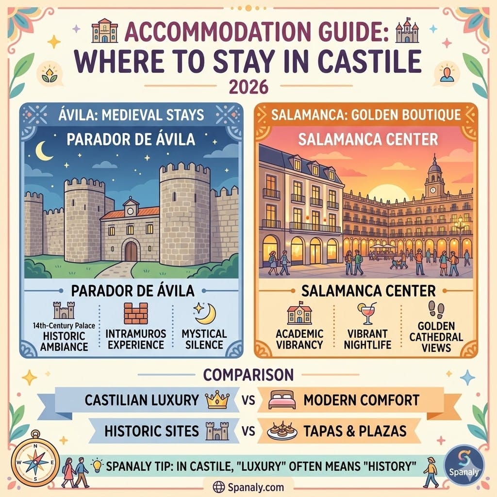 Square 1024x1024 infographic comparing historic Paradores in Ávila with modern boutique hotels in Salamanca center, featuring a bright and colorful travel aesthetic for 2026.