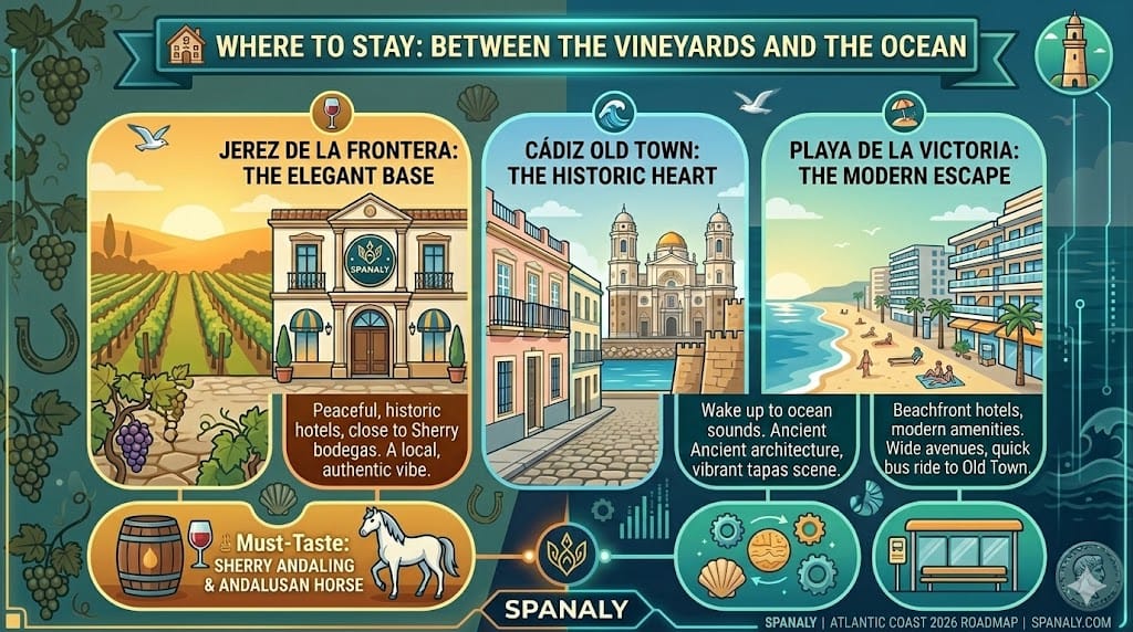 Infographic of where to stay in Cádiz and Jerez: featuring historic palaces in Jerez, Cádiz Old Town, and Playa de la Victoria beach hotels with Spanaly.com logo.