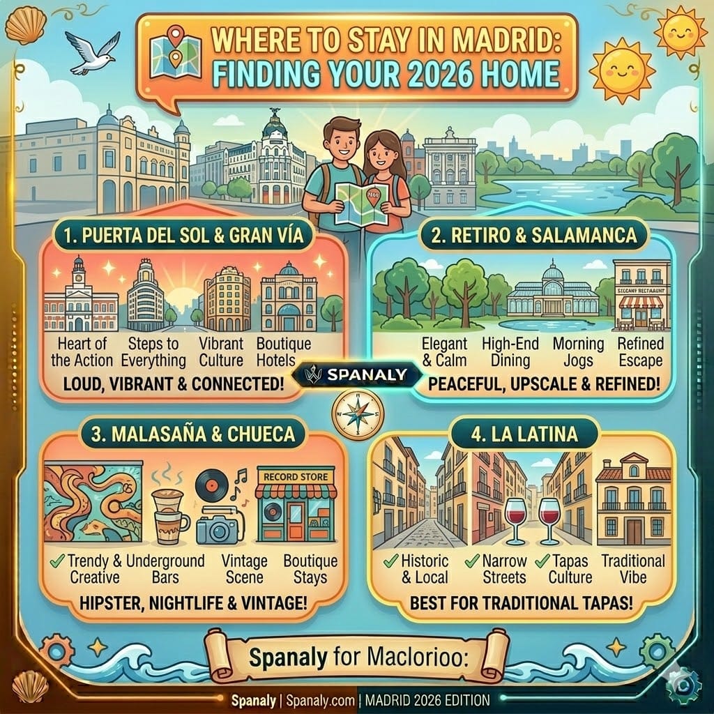 Infographic of the best neighborhoods to stay in Madrid 2026, featuring Puerta del Sol, Retiro, Malasaña, and La Latina with travel tips by Spanaly.com.