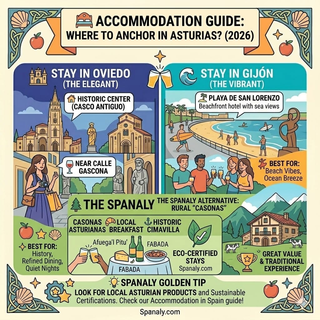 An infographic guide to accommodation in Asturias for 2026. Contrasting staying in Oviedo's historic center for elegance vs. Gijon's San Lorenzo beach for Atlantic vibes. Also features rural Casonas Asturianas for an authentic experience.