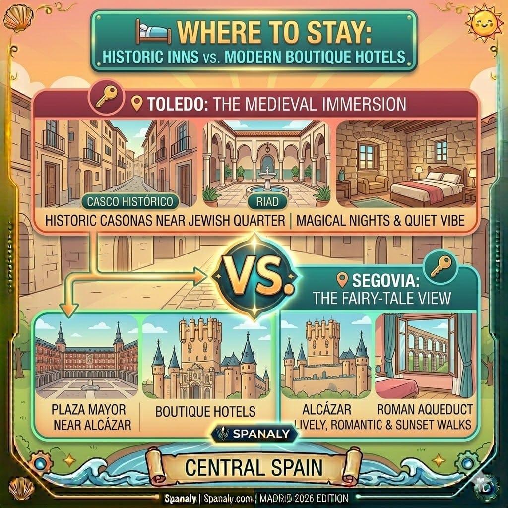 A detailed infographic showing accommodation options in Central Spain, comparing historic riads in Toledo's Old Town with boutique hotels near Segovia's Roman Aqueduct and Alcázar.