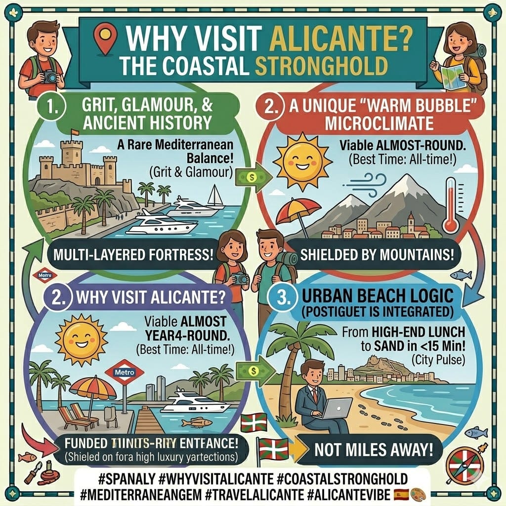 Tactical infographic of a woman with a megaphone and camera explaining why to visit Alicante: the coastal stronghold blending history, gastronomy, and nature.