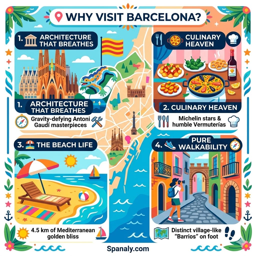 Colorful infographic titled "Why Visit Barcelona?" illustrating four main reasons: Gaudi's architecture, Spanish tapas gastronomy, city beaches on the Mediterranean, and the walkable Gothic Quarter, all in a modern flat vector style.