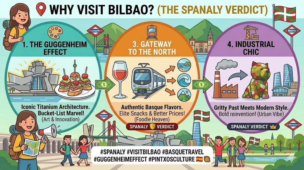 Tactical infographic showing reasons to visit Bilbao: Guggenheim architecture, Pintxos food culture, and Basque industrial chic.