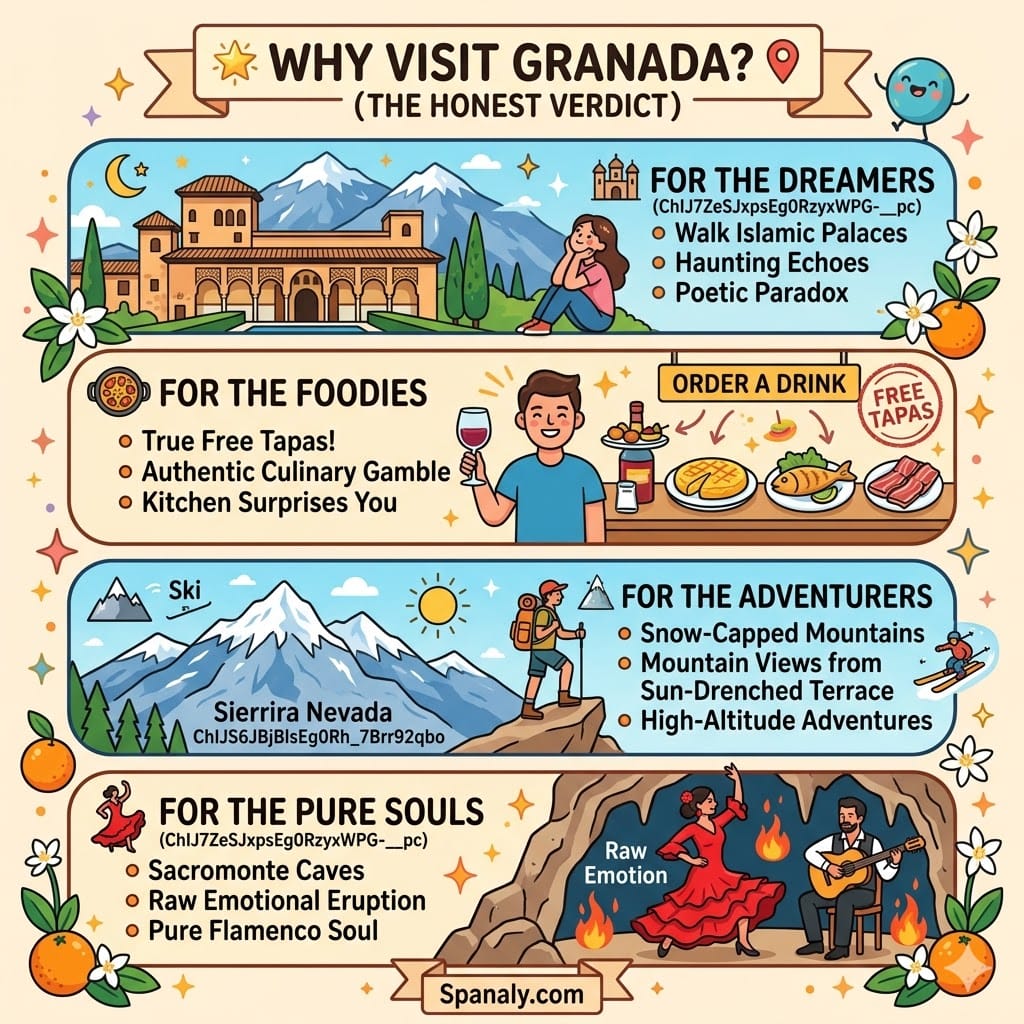 A colorful infographic showing why to visit Granada including the Alhambra for dreamers, free tapas for foodies, Sierra Nevada mountains for adventurers, and Sacromonte flamenco for pure souls. (Spanaly.com)