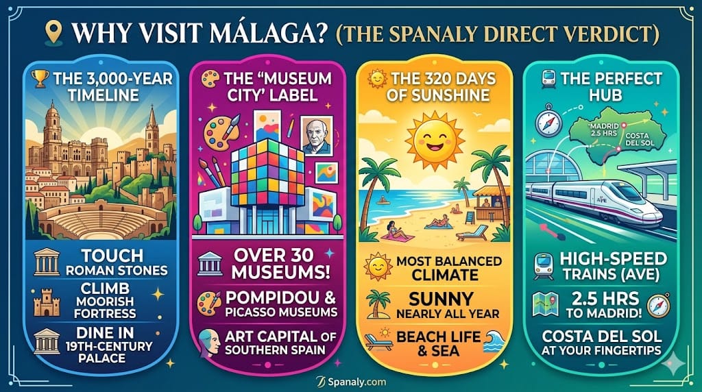 A colorful infographic by Spanaly.com explaining four key reasons to visit Málaga: its 3,000-year history, being the art capital of Southern Spain with 30+ museums, having 320 days of sunshine, and its role as a perfect transport hub for the Costa del Sol.