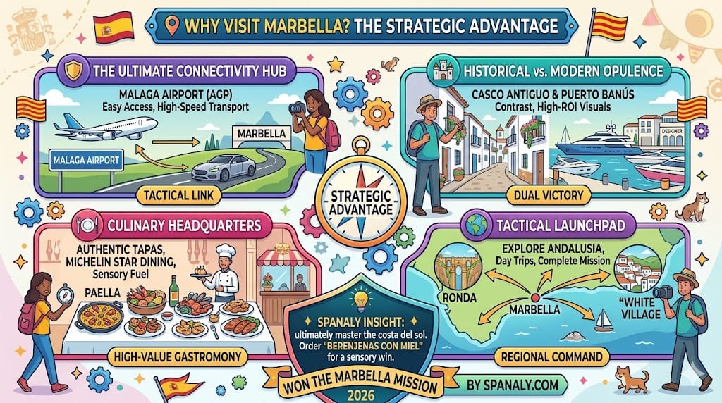A colorful infographic for Marbella strategic travel advantages, featuring Malaga Airport access, Old Town vs Puerto Banus contrast, high-value gastronomy, and its role as a tactical launchpad for Ronda.
