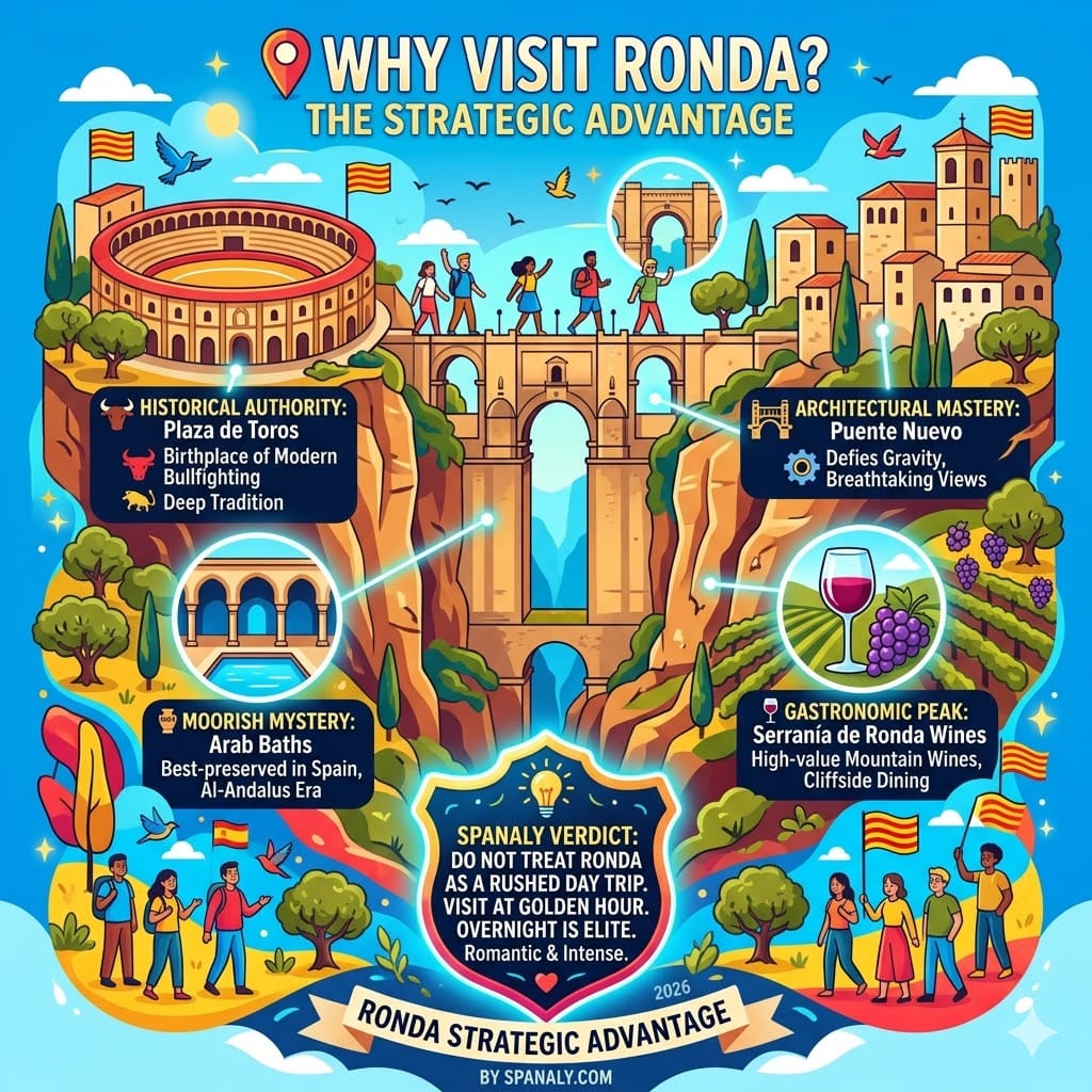 Vibrant infographic highlighting why to visit Ronda, featuring the Puente Nuevo bridge, Plaza de Toros bullring, ancient Arab Baths, and Serrania de Ronda mountain wines for an elite travel experience.