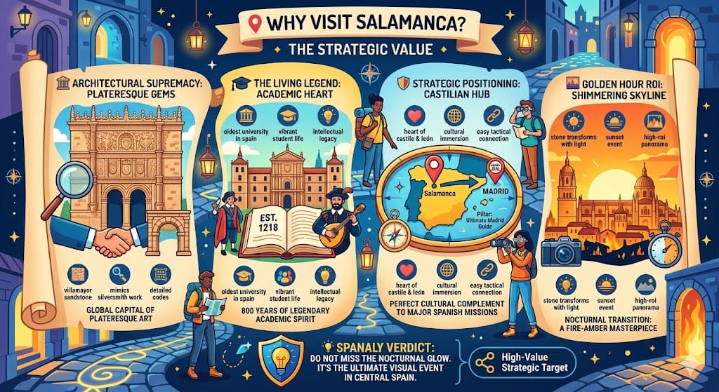 Vibrant infographic highlighting the strategic value of visiting Salamanca, Spain, featuring its Plateresque architecture, the historic University, the golden sandstone glow at sunset, and its central position near Madrid.