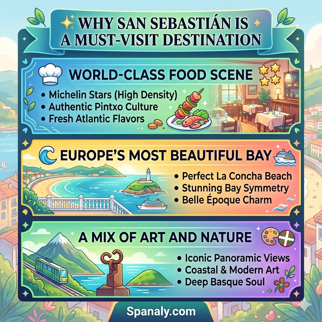 Infographic explaining why visit San Sebastian featuring Michelin star food, La Concha bay beach, and Basque nature views.