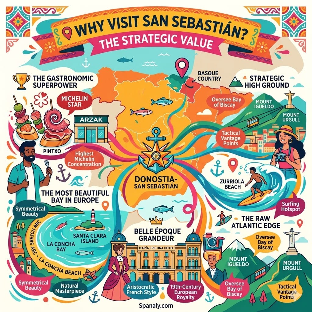 Vibrant organic flow infographic illustrating the strategic value of visiting San Sebastián, Spain, featuring Michelin-star Pintxos, the symmetrical La Concha Bay, Belle Époque architecture, surfing at Zurriola beach, and Mount Igueldo views.