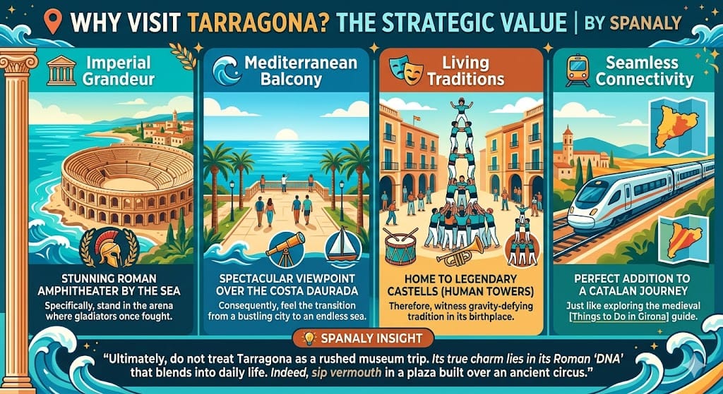 Infographic showing why visit Tarragona with Roman Amphitheater, Mediterranean Balcony, Castells human towers, and train connectivity from Barcelona.