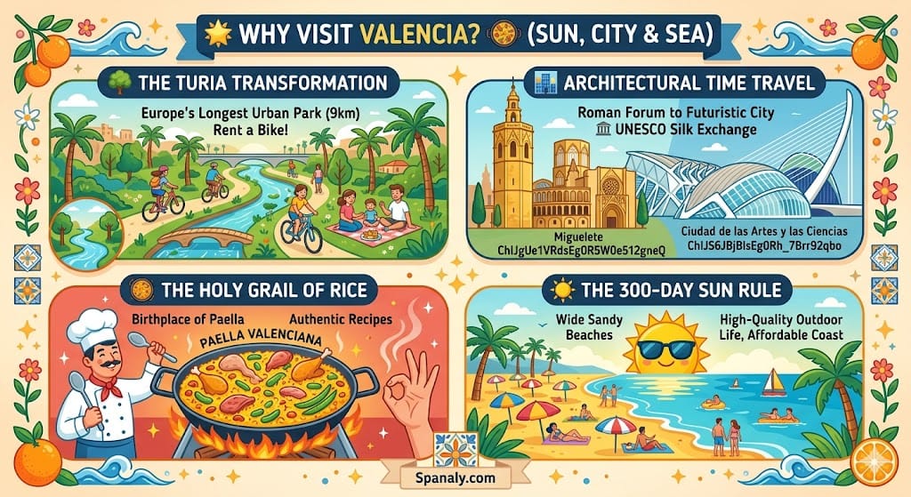 Colorful infographic explaining why to visit Valencia, featuring the Turia Gardens, the City of Arts and Sciences, authentic Paella Valenciana, and Mediterranean beaches with 300 days of sun. (Spanaly.com)