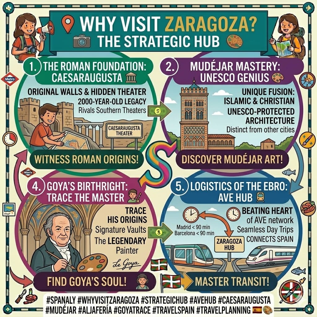 Tactical infographic in jewel tones with a geometry-driven style, split into five rectangular panels, detailing key reasons to visit Zaragoza.