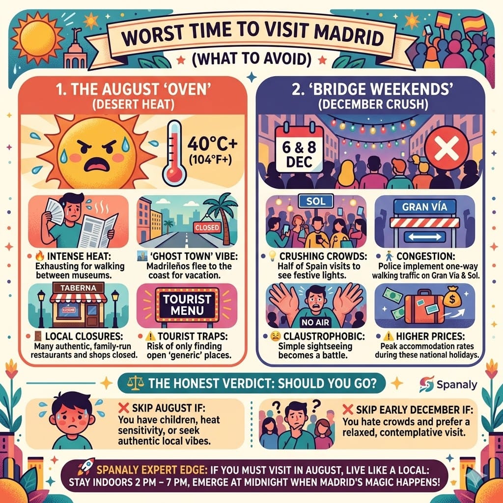 A square colorful infographic by Spanaly.com illustrating the worst time to visit Madrid, with two main panels: '1. THE AUGUST 'OVEN' (DESERT HEAT)' featuring a massive sun, sweat drops, a thermometer, and closed shop icons; and '2. 'BRIDGE WEEKENDS' (DECEMBER CRUSH)' showing Christmas lights, calendar dates '6 & 8 DEC', congested streets, and massive crowds.