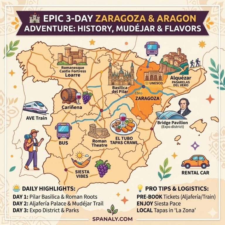 Epic 1024x1024 infographic map of Spain highlighting a 3-day Zaragoza and Aragon itinerary with icons of Basilica del Pilar, Aljafería Palace, Roman ruins, tapas, AVE train, and Loarre Castle.