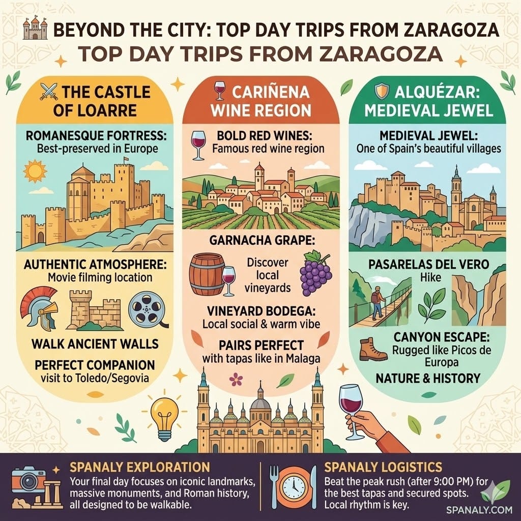 A colorful 1024x1024 infographic showcasing day trips from Zaragoza, including the Castle of Loarre, Cariñena wine region, and the medieval village of Alquézar with hiking and vineyard icons.