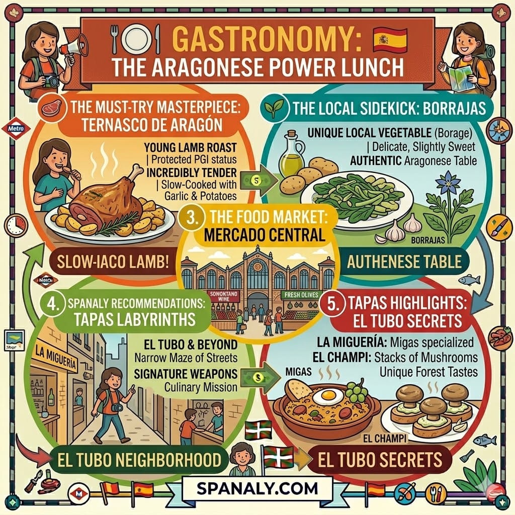 Vibrant tactical infographic detailing Zaragoza's gastronomy, featuring Ternasco de Aragón roast lamb, Borrajas vegetables, Mercado Central, and El Tubo tapas highlights like Migas and mushrooms.
