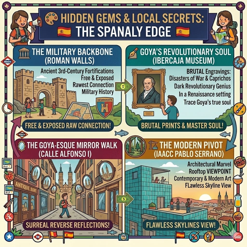 Tactical travel infographic showcasing five hidden gems in Zaragoza: Roman walls, the Goya print museum, Calle San Jorge mushroom tapas, the Basilica mirror walk, and IAACC Pablo Serrano's modern rooftop viewpoint.