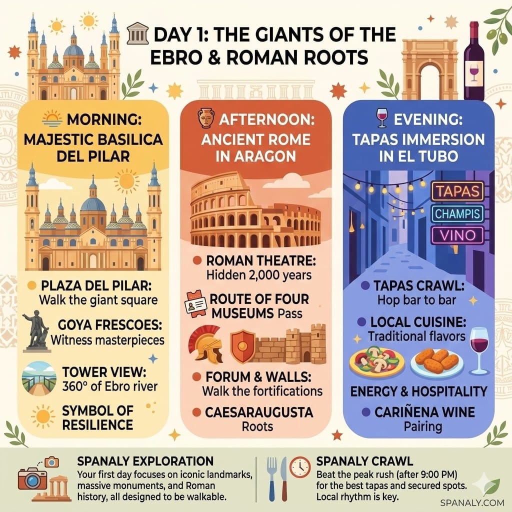 A colorful 1024x1024 infographic of Zaragoza Day 1 itinerary featuring the Basilica del Pilar, Roman Theatre ruins, and a tapas crawl in El Tubo district with vibrant icons.