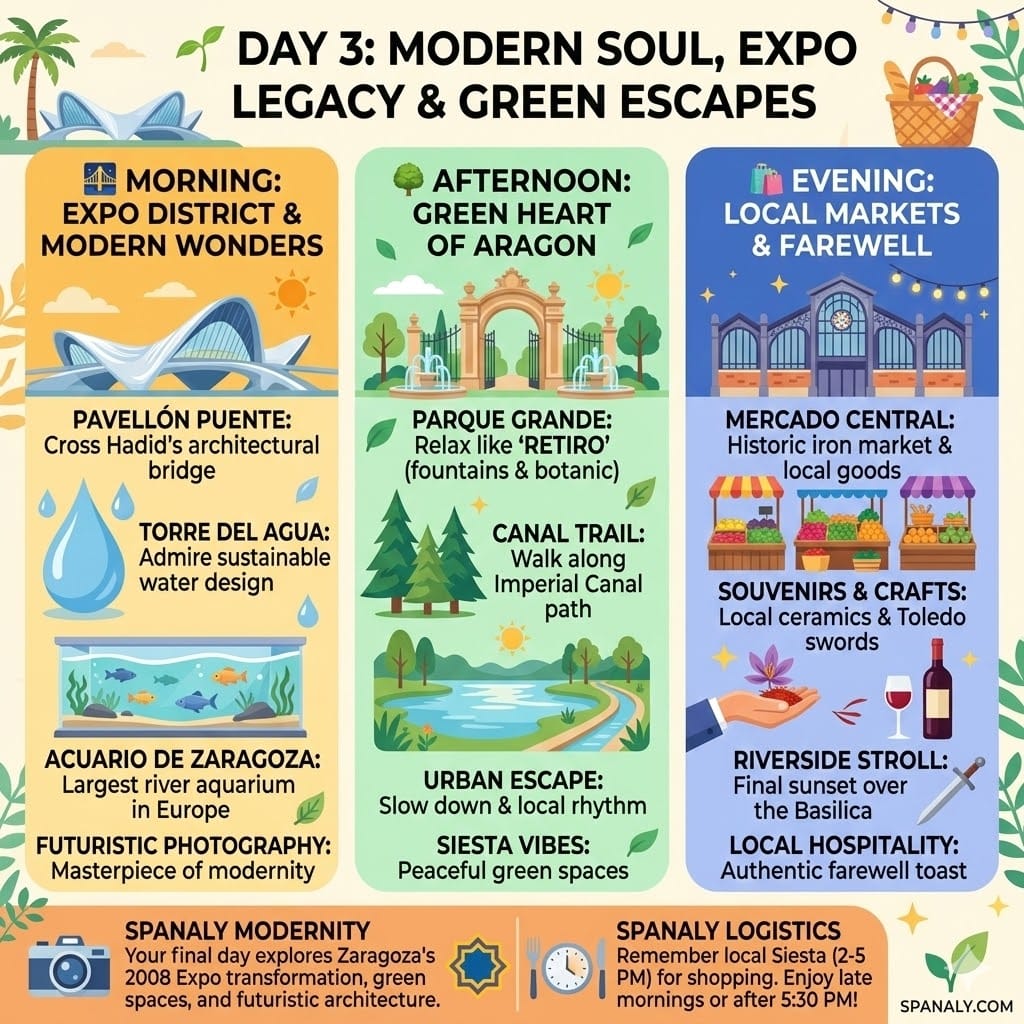 A colorful 1024x1024 infographic for Zaragoza Day 3 featuring the futuristic Expo 2008 district, Zaha Hadid Bridge Pavilion, Parque Grande green spaces, and the historic Mercado Central, in a vibrant flat vector style.