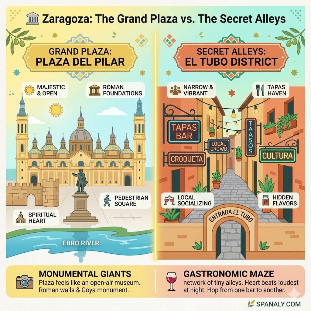 A vibrant 1024x1024 infographic comparing Zaragoza's landmarks: the majestic Plaza del Pilar on the left and the narrow tapas alleys of El Tubo district on the right, featuring modern flat vector art.