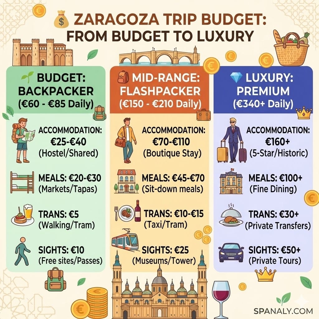 A comprehensive 1024x1024 infographic detailing the Zaragoza trip budget, comparing daily costs for Budget, Mid-range, and Luxury travelers including accommodation, food, and transport in Zaragoza.