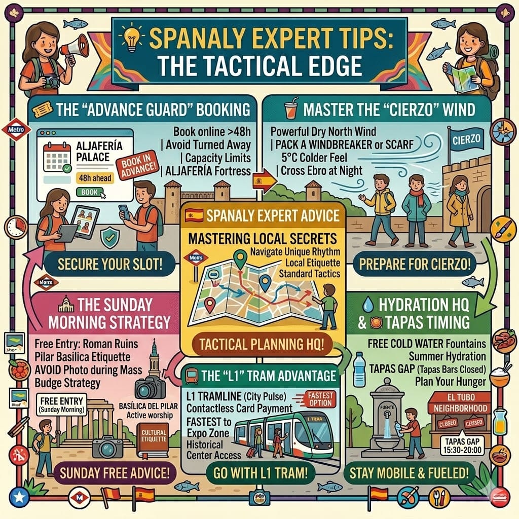 Vibrant, open-flow travel infographic in bright, cheerful colors detailing six Zaragoza expert tips, including advancing Aljafería bookings, preparing for the Cierzo wind, Sunday free entry for Roman ruins, Basilica etiquette during Mass, efficient L1 Tram use, and the El Tubo tapas gap timing.