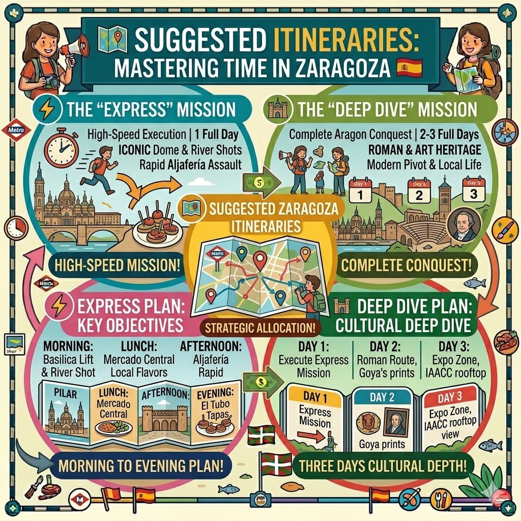 Vibrant tactical infographic with an open organic flow, detailing two Zaragoza itineraries: the 24-hour Express Mission (Pilar, Aljafería, El Tubo) and the 48-72 hour Deep Dive (Roman Route, Goya, Expo Zone).