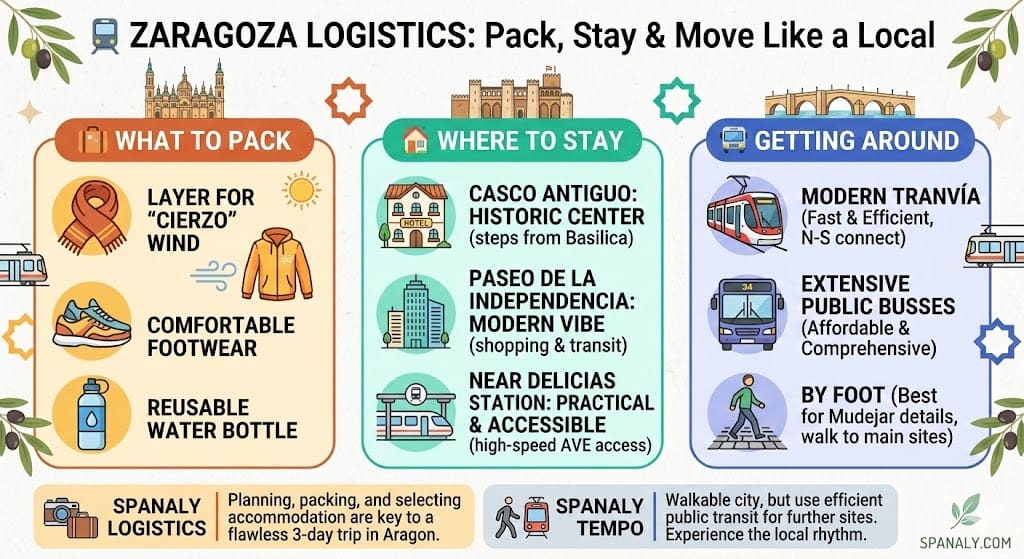 A comprehensive 1024x1024 infographic for Zaragoza logistics featuring packing tips for the Cierzo wind, best areas to stay like Casco Antiguo, and transport options including the Tranvía and walking paths.