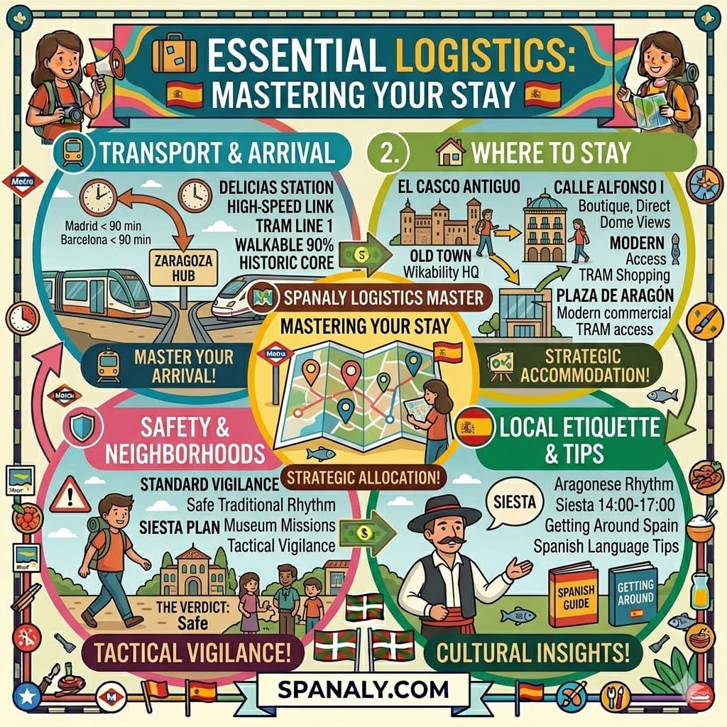 Vibrant, open-flow travel infographic for Zaragoza logistics, detailing high-speed AVE transport to Delicias station, efficient TRAM navigation, historic Old Town accommodation areas, and standard safety tips.