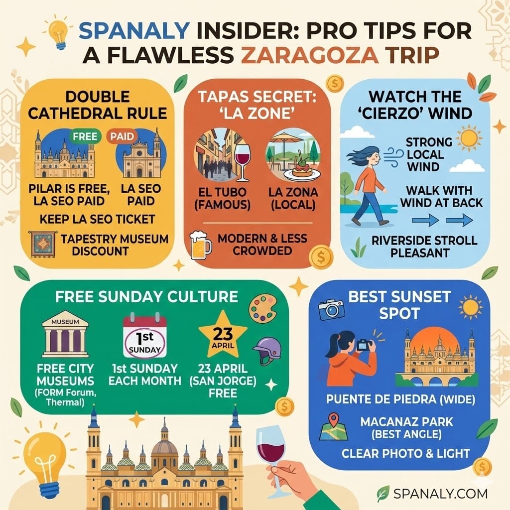 A 1024x1024 colorful infographic with 5 pro tips for Zaragoza, covering the Double Cathedral rule, the La Zona tapas secret, Cierzo wind advice, Free Sunday museums, and the best sunset spot at Macanaz Park.