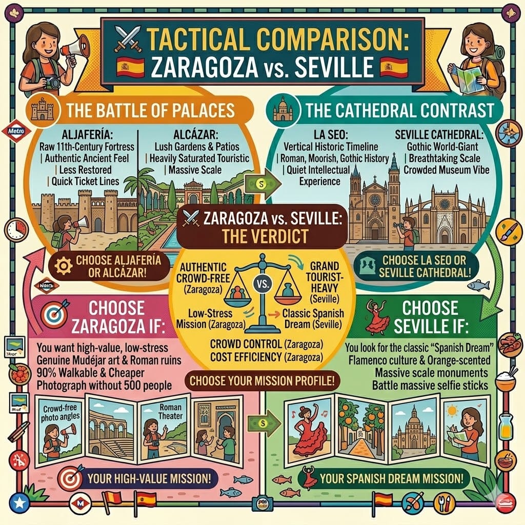 Vibrant, open-flow infographic contrasting Zaragoza and Seville. It compares the Aljafería (Zaragoza) vs. Alcázar (Seville) palaces, La Seo (Zaragoza) vs. Seville Cathedral, and highlights Zaragoza's crowd-free, cost-efficient logistics vs. Seville's grand, touristic vibe.
