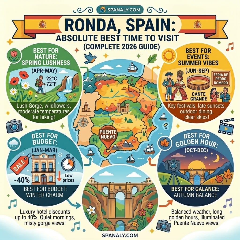 A high-quality 1024x1024 epic infographic map of Spain highlighting Ronda, featuring seasonal travel tips for spring nature, summer festivals, budget winter stays, and autumn golden hours.