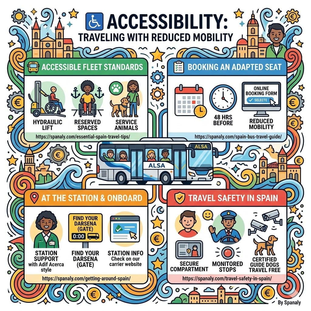 Accessible bus travel in Spain infographic. Highlights hydraulic lifts for wheelchairs, reserved onboard spaces, and free travel for service animals. Includes booking tips for reduced mobility seats, the 48-hour advance notice rule, and station assistance services like Adif Acerca.