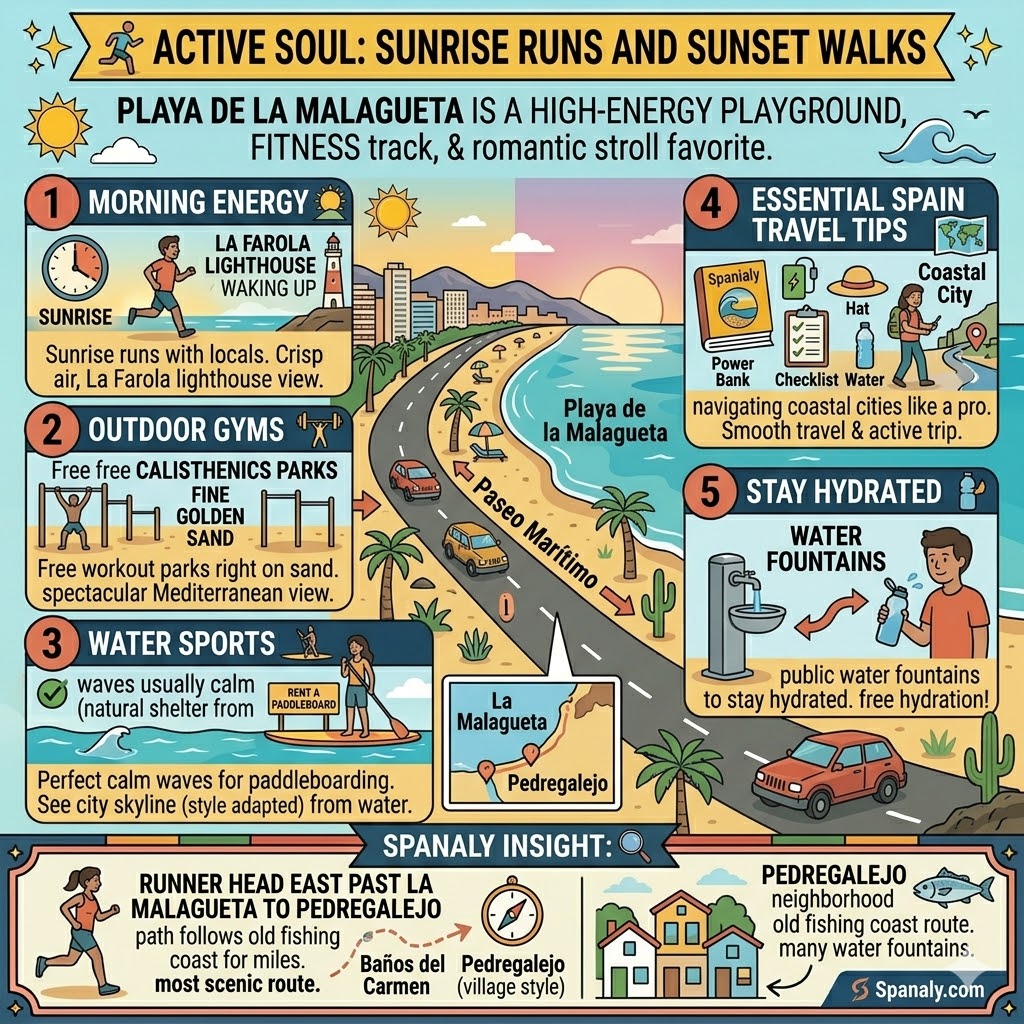 A fitness infographic for Playa de la Malagueta in Malaga, featuring sunrise running routes, outdoor calisthenics gyms, paddleboarding, and the scenic path toward Pedregalejo.