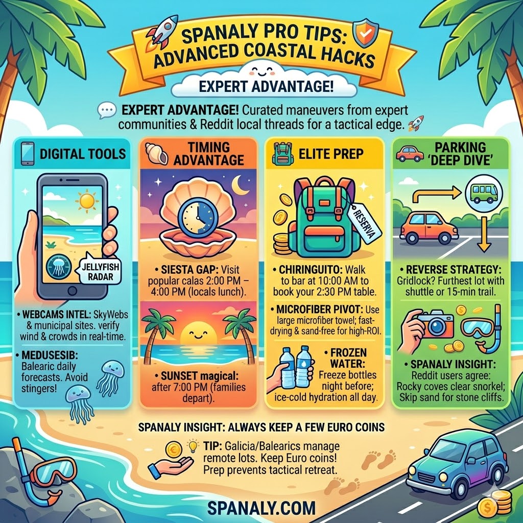 Advanced coastal hacks infographic for Spain featuring digital tools for jellyfish forecasts, the siesta gap timing strategy, elite beach prep, and parking maneuvers.