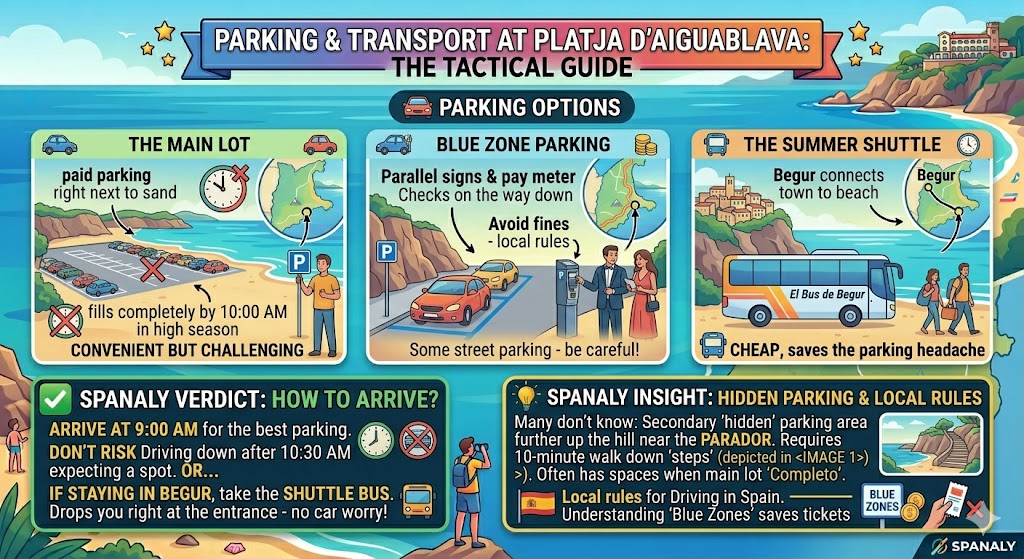 A tactical parking infographic for Aiguablava beach showing main lot timing, blue zone parking rules, and the Begur summer shuttle bus service.