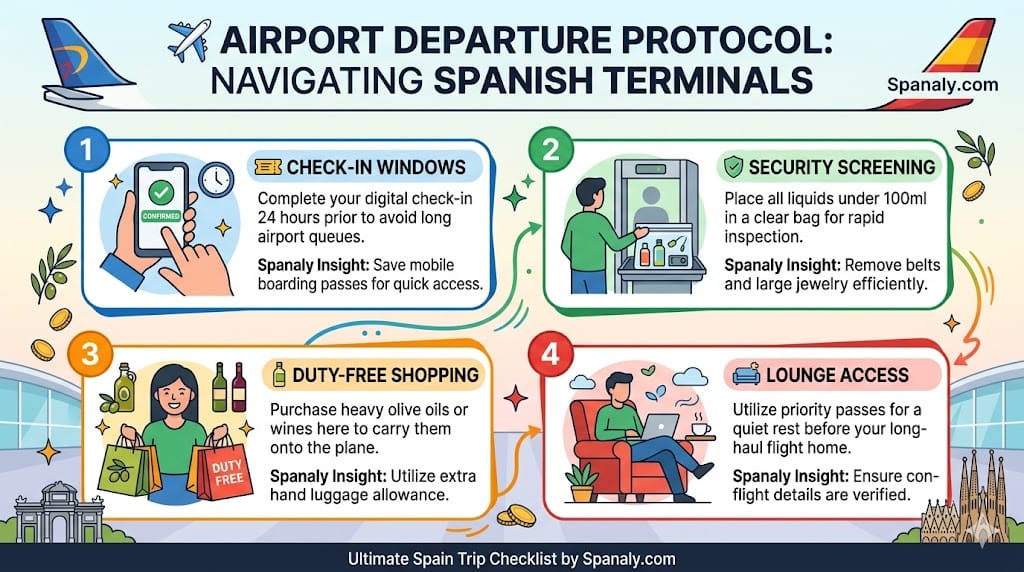 A colorful square infographic detailing four professional airport departure steps in Spain: digital check-in, security screening for liquids, duty-free shopping strategy, and lounge access with Spanaly branding.