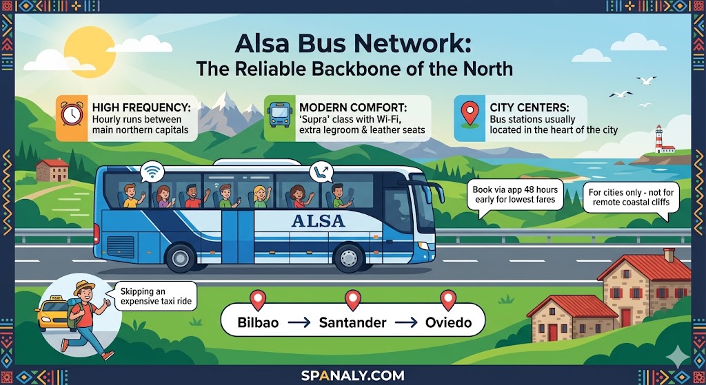 Infographic of an Alsa bus in Northern Spain highlighting routes between Bilbao, Santander, and Oviedo with travel tips.