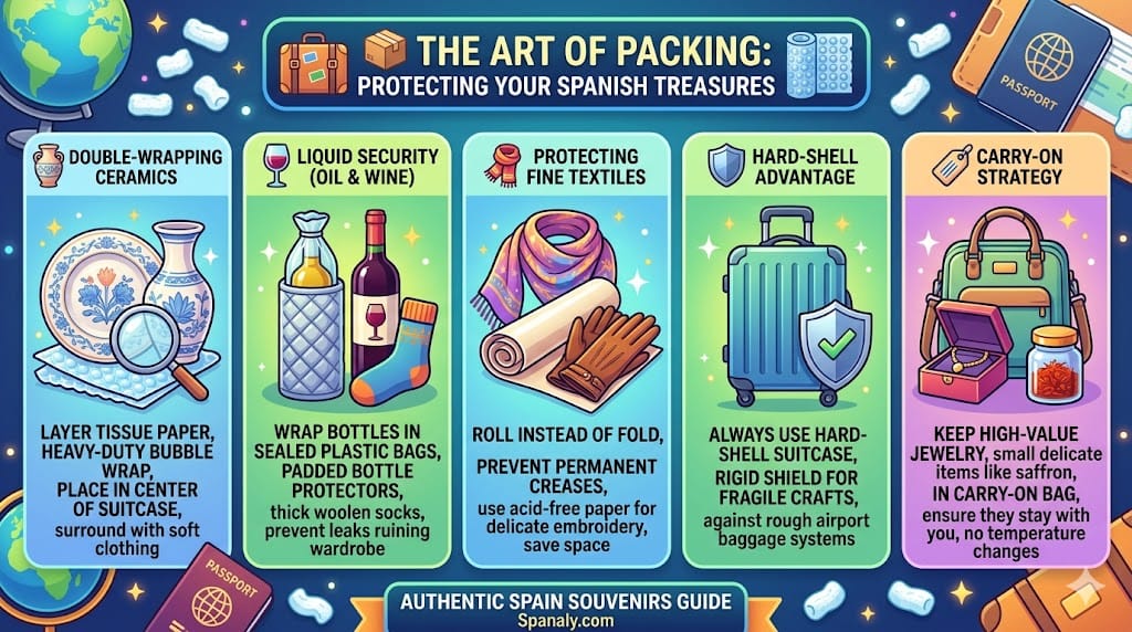 A horizontal infographic guide showing expert techniques to pack Spanish souvenirs, including double-wrapping ceramics, sealing olive oil bottles, rolling silk shawls, using hard-shell suitcases, and carry-on strategies.