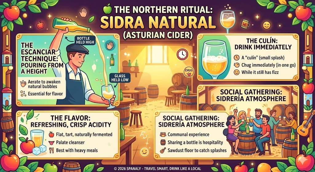 A colorful infographic showing the traditional Spanish Sidra Natural pouring technique called Escanciar, featuring the bottle held high, the glass held low, and tips for drinking a Culín in a Sidrería.