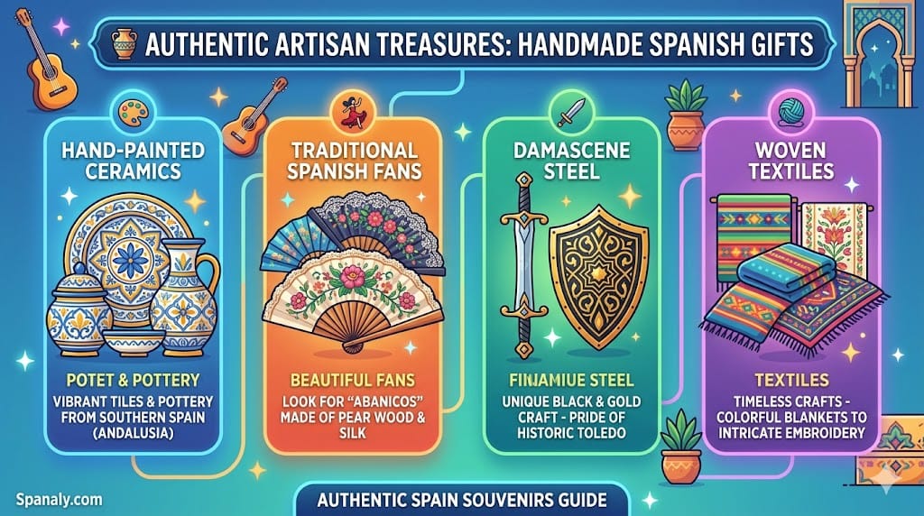 A horizontal infographic showcasing authentic handmade Spanish souvenirs including Andalusian ceramics, traditional silk fans, Toledo Damascene steel, and woven textiles with expert buying tips.